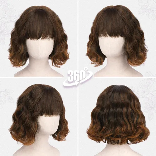 Vista 5 de BARSDAR Peluca corta ondulada con reflejos castaño, peluca corta ondulada con flequillo para mujer, gruesa, suave, sintética, texturizada, rizada