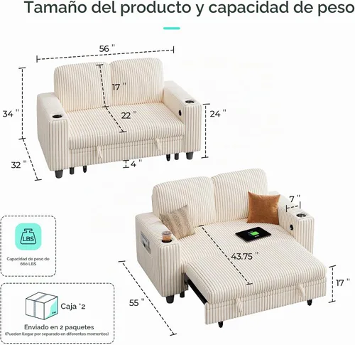Vista 2 de LINSY HOME Sofá cama seccional, sofá cama extraíble de pana para sala de estar (beige, sofá pequeño) Puertos USB, portavasos, bolsillo lateral