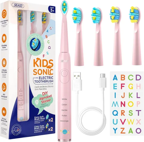 Vista 9 de SEAGO Cepillo de dientes eléctrico para niños, cepillos de dientes recargables de cerdas suaves sónicos con calcomanías de bricolaje, 5 modos