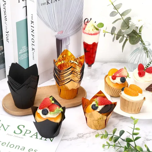Vista 4 de Augshy - Revestimientos para magdalenas, 60 envoltorios de tulipanes negros y dorados para hornear Greaseproof Paper Muffin Wrappers Holders, Cake