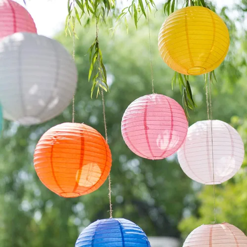 Vista 7 de Linternas de papel de estilo chino, juego de 5, adecuadas para decoración de fiestas (azul claro, 12 pulgadas)