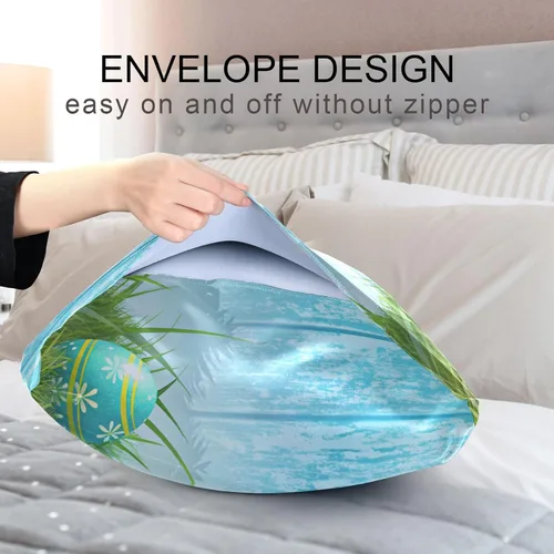 Vista 5 de Nander Funda de almohada de satén estándar de Pascua, huevos coloridos y orejas de conejo, funda de almohada para el hogar, funda de almohada suave