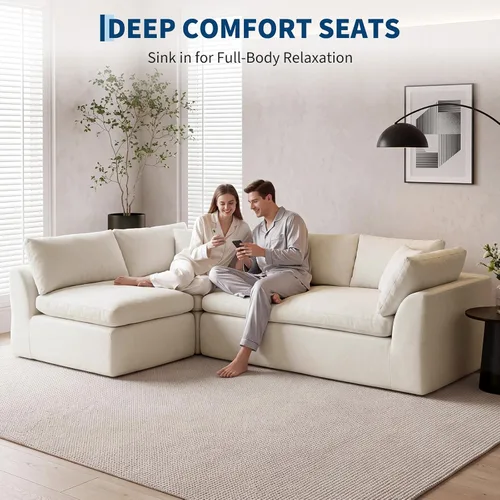 Vista 5 de Sofá nube sin hueso de 111 pulgadas en forma de L con diván, sofá modular de 3 plazas para sala de estar, sofás de felpilla deshuesados de gran Beige