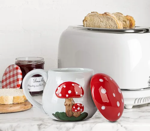 Vista 6 de Bonita taza de hongo con tapa, taza grande de cerámica para café y té, regalo divertido para mujeres