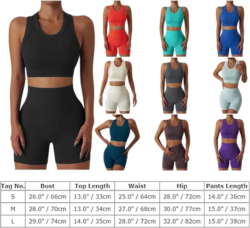 Vista 4 de Conjuntos de entrenamiento para mujer, 2 piezas, sin costuras, acanalada, sin mangas, brasier deportivo, cintura alta, pantalones cortos