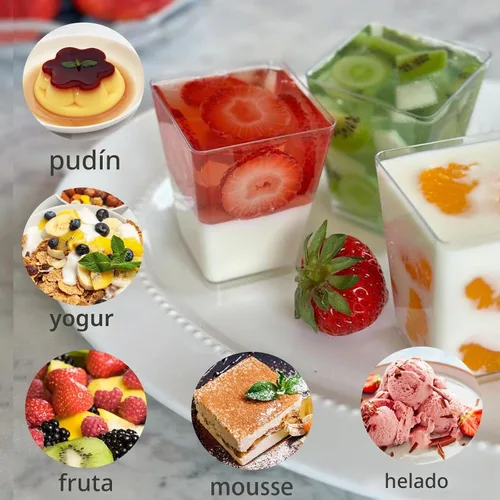 Vista 5 de Hiasobre Paquete de 100 vasos de plástico de 5 onzas para postre con tapas y cucharas, tazas reutilizables de parfait transparente, vasos cuadrados