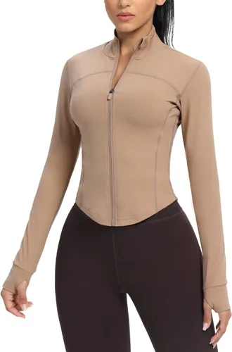 Vista 35 de AVGO Chaquetas de entrenamiento recortadas para mujer, con cremallera, ajustadas, atléticas, con agujeros para el pulgar