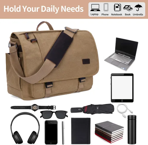 Vista 8 de NerIion Bolsa de Mensajero para Hombres de 17-17.3 Pulgadas, Bolsa de Laptop de Lona Resistente al Agua, Bolsa de Hombro, Maletín de Trabajo, Marrón