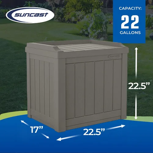 Vista 3 de Suncast Caja de almacenamiento pequeña de 22 galones para patio trasero o exterior, con atractivo asiento de banco y tapa reforzada, color piedra