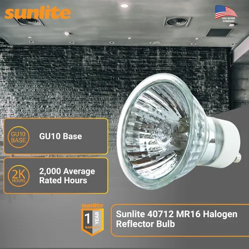 Vista 2 de Sunlite Bombilla halógena 40712 MR16, 35 vatios, inundación de 38°, 120 voltios, vida útil de 2000 horas, regulable, base GU10, protector