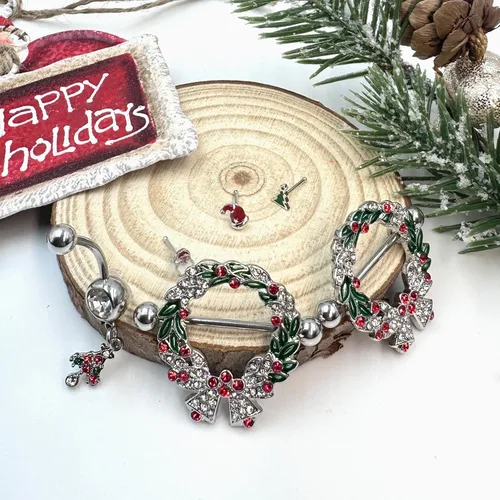 Vista 9 de KUNASSHIR Guirnalda de Navidad 14G, anillos para pezón, joyería de acero quirúrgico 316L, piercings de pezón, joyería de 0.63 pulgadas, Acero