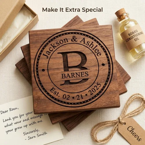 Vista 2 de Posavasos personalizados para regalos de boda, o juegos de posavasos de madera personalizados Opciones de juego de posavasos personalizados