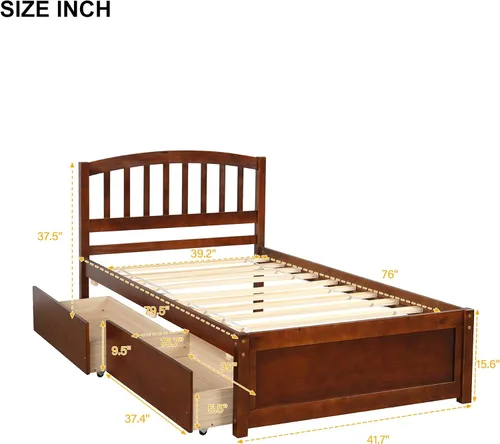 Vista 2 de Bellemave Cama de almacenamiento de plataforma individual con dos cajones, marco de cama de madera maciza con cabecero, marco de cama resistente