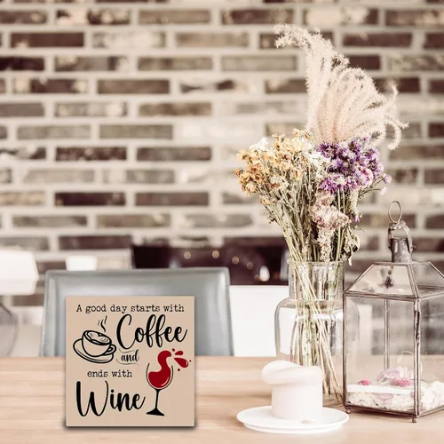 Vista 3 de Cartel de mesa de café y vino para mesa de escritorio – Un buen día comienza con café y termina con vino – Bloque de madera de 5 x 5 pulgadas