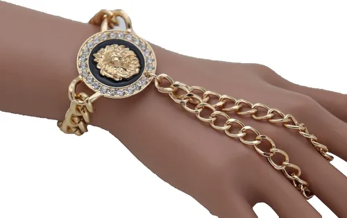 Vista 5 de Pulsera de cadena de mano para mujer, diseño de león, anillos de esclavo, metal dorado, Metal