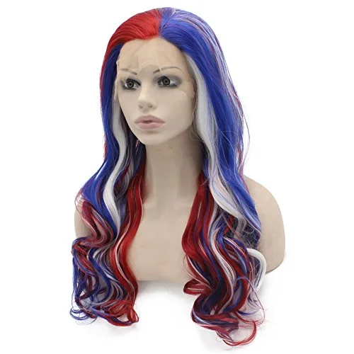Vista 2 de Mxangel Peluca larga ondulada con encaje frontal azul, rojo y blanco, mezcla colorida para fiesta de cosplay