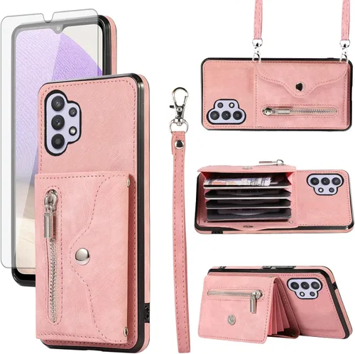 Vista 9 de Funda para teléfono Samsung Galaxy A32 5G 2021 de 6.5 pulgadas con correa cruzada para muñeca, cordón, soporte para tarjeta de crédito, accesorios