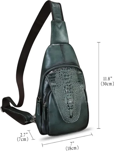 Vista 4 de Bolso de cuero genuino para hombres y mujeres en relieve de piel de cocodrilo honda mochila bandolera de pecho, Azul marino