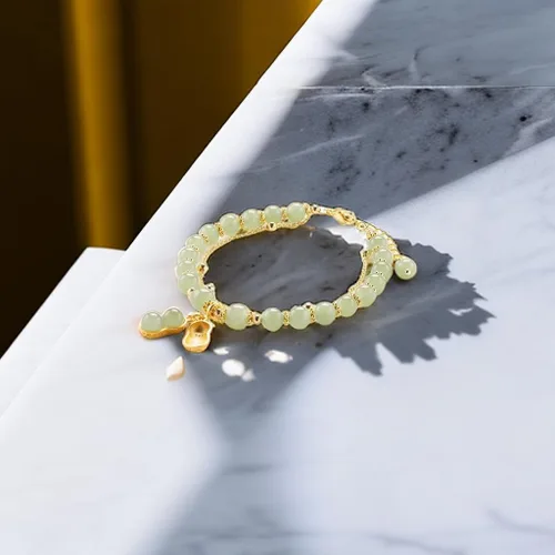 Vista 5 de SJDOFU Pulsera de cuentas de jade Hetian Jade Peanut Colgante Pulsera elástica para mujer (verde claro), Esmeralda, Jade