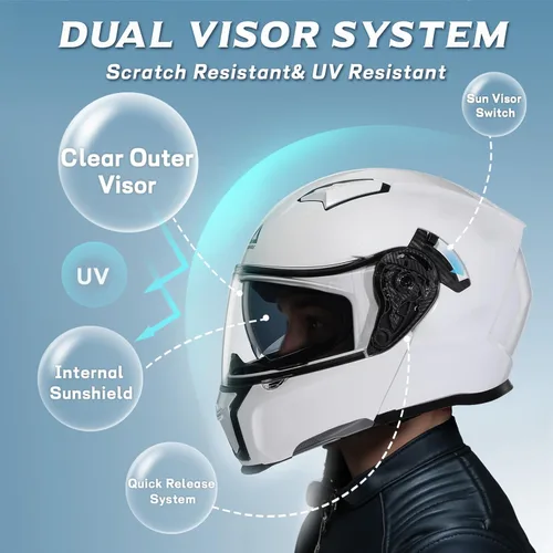 Vista 4 de TRIANGLE Cascos de motocicleta modulares para hombres con visera completa abatible, visera doble con protector solar interno, aprobado por DOT