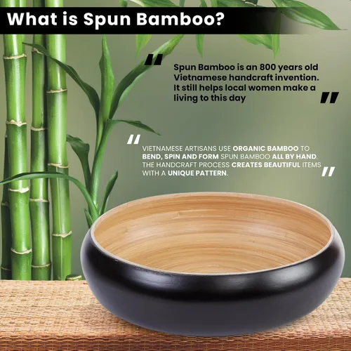 Vista 6 de Cuenco grande de bambú hilado con cargador adicional, frutero decorativo, cesta de frutas de cocina, cuenco de centro de mesa, cuenco de bambú Negro