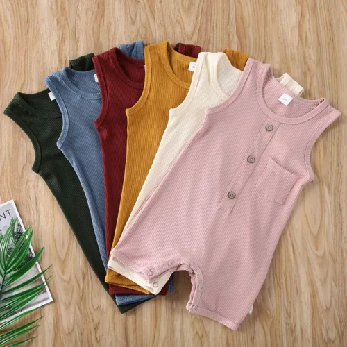 Vista 7 de Mameluco para bebé niña y niño, mono liso de una pieza, sin mangas, ropa de bebé de una pieza, trajes de verano beige (A-Beige)