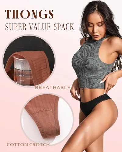 Vista 4 de FINETOO Tangas de algodón para mujer, suaves, de cintura baja, sexys, tangas para mujer, ropa interior de mujer, 6 paquetes, XS-XXXL