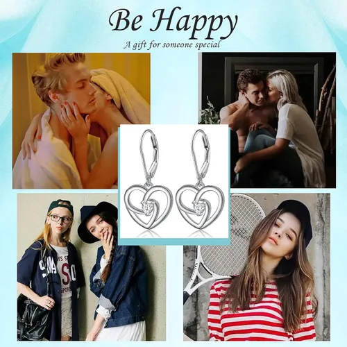 Vista 5 de Aretes de plata fina 925 en forma de corazón colgante para mujeres y niñas.