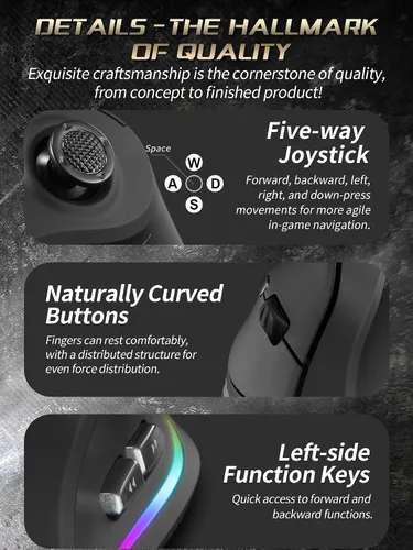 Vista 7 de TKMARS Ratón vertical ergonómico inalámbrico para juegos con joystick, Bluetooth y 2.4G, 12 botones programables, 24000 DPI ajustable, mouse RGB