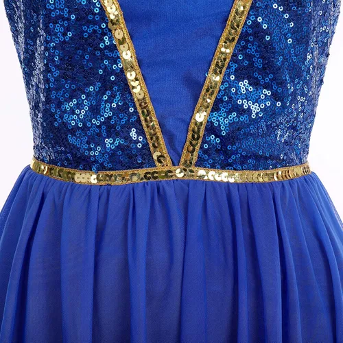 Vista 5 de ODASDO Vestido de baile con lentejuelas brillantes para mujer, con tirantes delgados, malla alta y baja, de tul lírica, moderno, contemporáneo