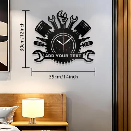 Vista 4 de Reloj de pared personalizado para taller de reparación de automóviles – Añade texto con nombre personalizado – Regalo para reparador, albañil