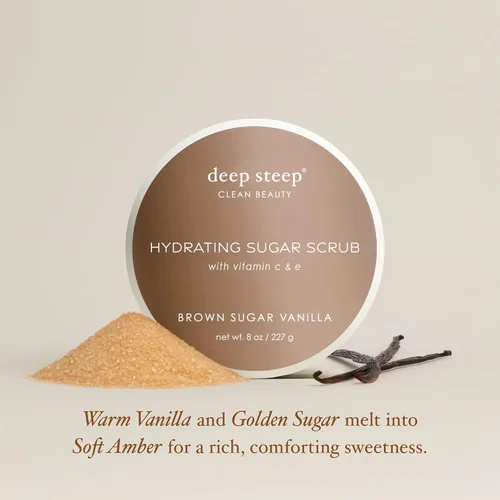 Vista 3 de Deep Steep Exfoliante de azúcar, vainilla de azúcar morena, 8 onzas, exfoliante corporal con aceite de coco orgánico, manteca de karité y aceite