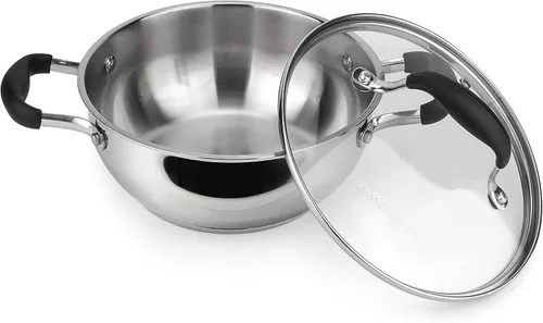 Vista 2 de AVACRAFT Sartén de Acero Inoxidable 18/10 para Uso Diario, Sartén Wok con Base de Cinco Capas, Sartén de Chef con Tapa de Vidrio, Sartén Multiusos