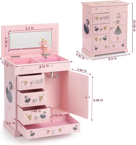 Vista 3 de efubaby Joyero grande para niñas caja musical de 5 capas con puerta oscilante bailarina giratoria juego de joyas de unicornio incluido organizador