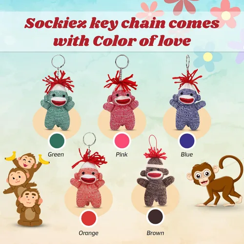Vista 6 de Sock Monkey Llavero de 4 pulgadas – Color del peluche Sockiez – Lindo llavero accesorios Azul
