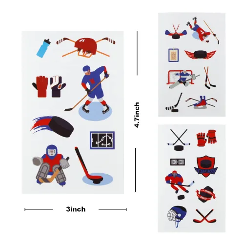 Vista 3 de 24 hojas de tatuajes temporales de hockey sobre hielo, decoraciones de cumpleaños, recuerdos de fiesta de hockey