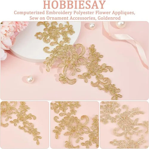 Vista 4 de 4 parches bordados para vestido de novia con flores de encaje de 9 x 4 pulgadas, parches de flores de hojas doradas, apliques florales, vestido