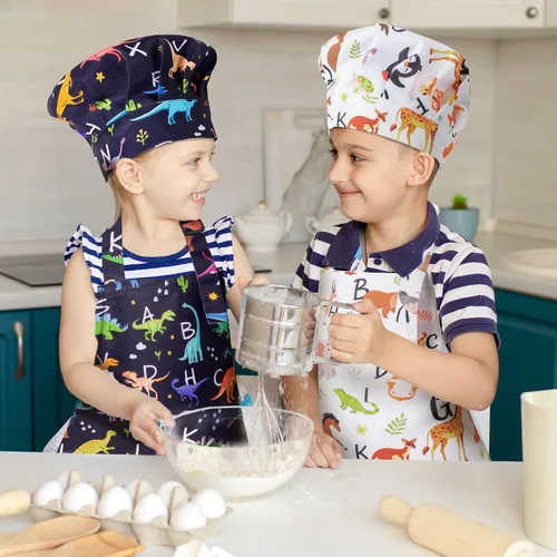 Vista 5 de Juego de 4 delantales y sombrero de chef para niños, regalo para niñas y niños, con palabras del alfabeto de animales, delantales ajustables