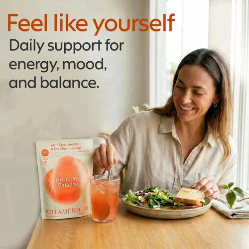 Vista 2 de Milamend Equilibrio Hormonal para Mujeres 40:1 Myo-Inositol D-Chiro Inositol Suplemento + CoQ10, ALA y Aminoácidos – Fertilidad, Apoyo Ovarico