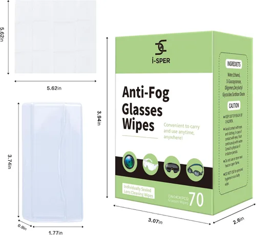 Vista 3 de 70 toallitas antivaho para lentes, prehumedecidas individuales envueltas para lentes, con una caja de transporte, toallitas de pantalla