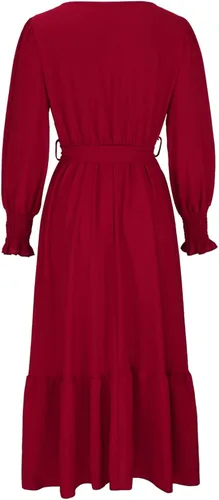 Vista 5 de Vestidos bohemios para mujer, vestido fiesta cóctel fluido gradas, puños ahumados, cuello en V, cintura con lazo