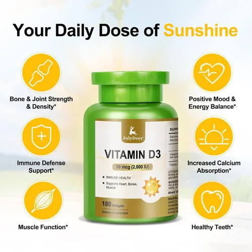 Vista 4 de JulyDeer Vitamina D3 2000 UI (50 mcg) 180 cápsulas blandas Apoya la salud inmunológica, la absorción de calcio y la fuerza ósea Esencial