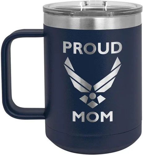 Vista 5 de PROUD AIR FORCE MOM BLACK Taza de café de 15 oz con tapa deslizante Taza de café de viaje aislada Ideas de regalo del día de la madre de hijo