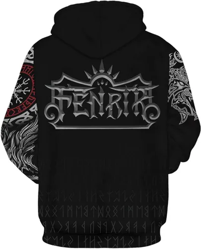 Vista 2 de Rainbow Town Sudaderas con capucha unisex con patrón de tatuaje vikingo con bolsillo grande Odin&Asgard Totem Streetwear para hombre