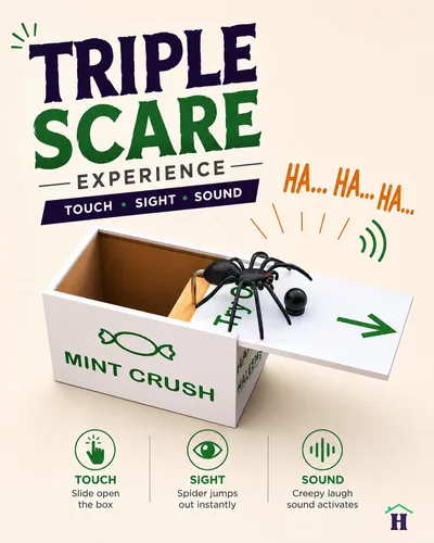 Vista 2 de Caja de broma de araña con sonido de risa espeluznante, regalo de miedo de araña en una caja, disfraz de caja de dulces de madera maciza, se adapta