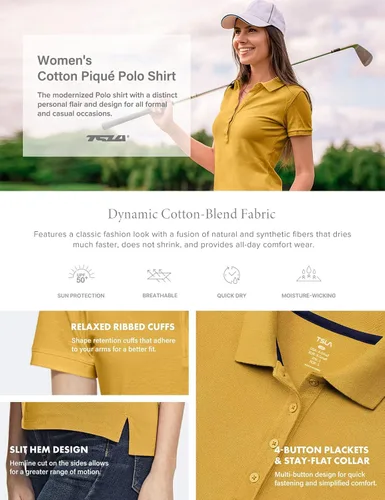 Vista 7 de TSLA Camisa polo clásica de manga corta para mujer, camisa de verano con cuello piqué de algodón dinámico, mezcla de algodón