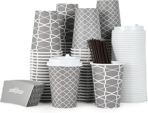 Vista 9 de JOLLY PARTY [100 Sets] Tazas de papel para café de 10 onzas, tazas de café desechables con tapas, fundas y popotes, tazas para bebidas