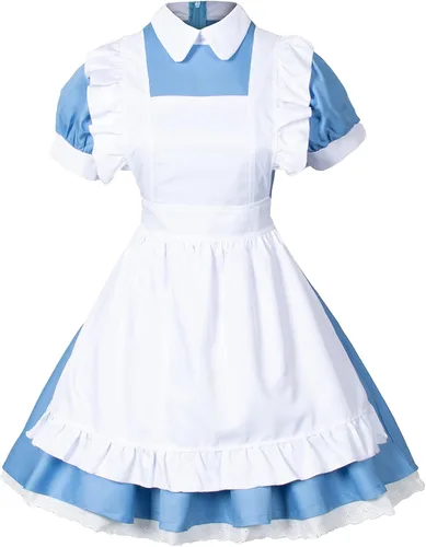 Vista 3 de Wannsee Juego de 6 piezas de delantal de sirvienta francesa de Lolita para disfraz de cosplay y guantes para la cabeza (azul, talla grande 5XL)