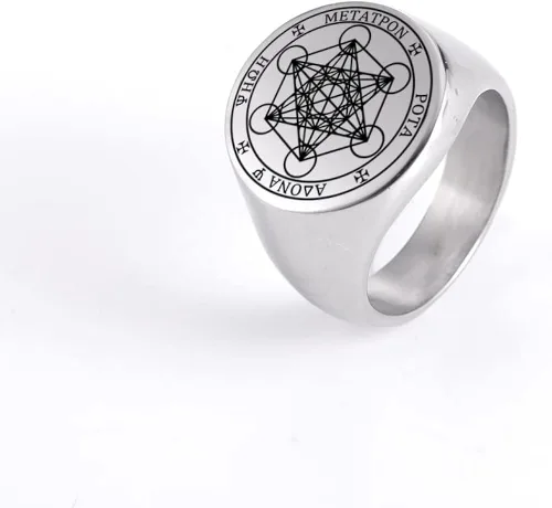 Vista 3 de Amaxer Metatron - Anillo de cubo para hombre, de acero inoxidable, vintage, con geometría sagrada, protección espiritual, anillo de amuleto