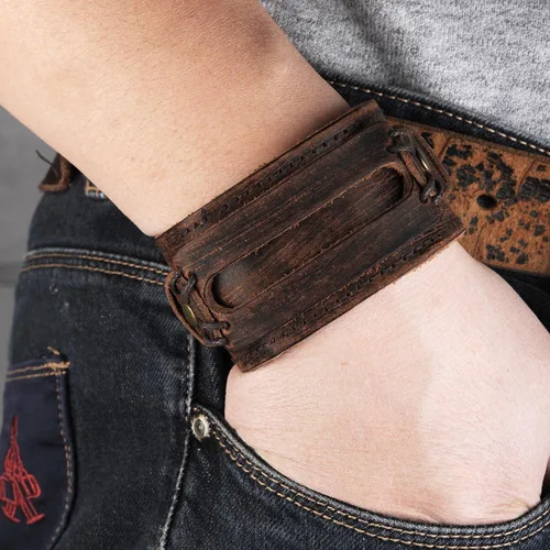 Vista 2 de Merdia Pulsera ajustable de piel auténtica para hombre y mujer, diseño punk, café, 30G, Cuero